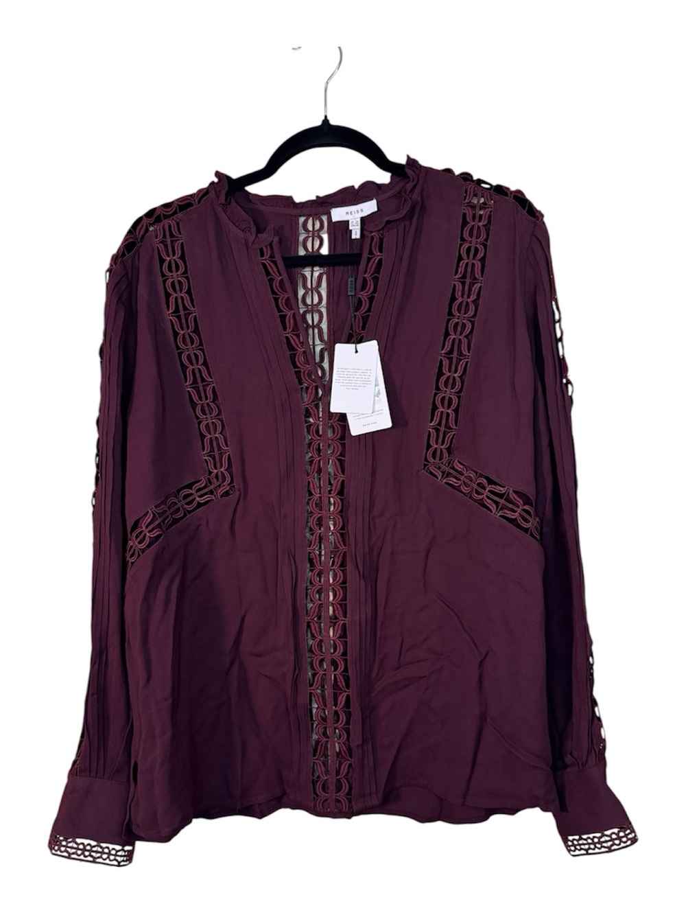 Reiss Burgundy Crochet Boho Blouse Womens 10 Fall Top Quiet Luxury Ruffled